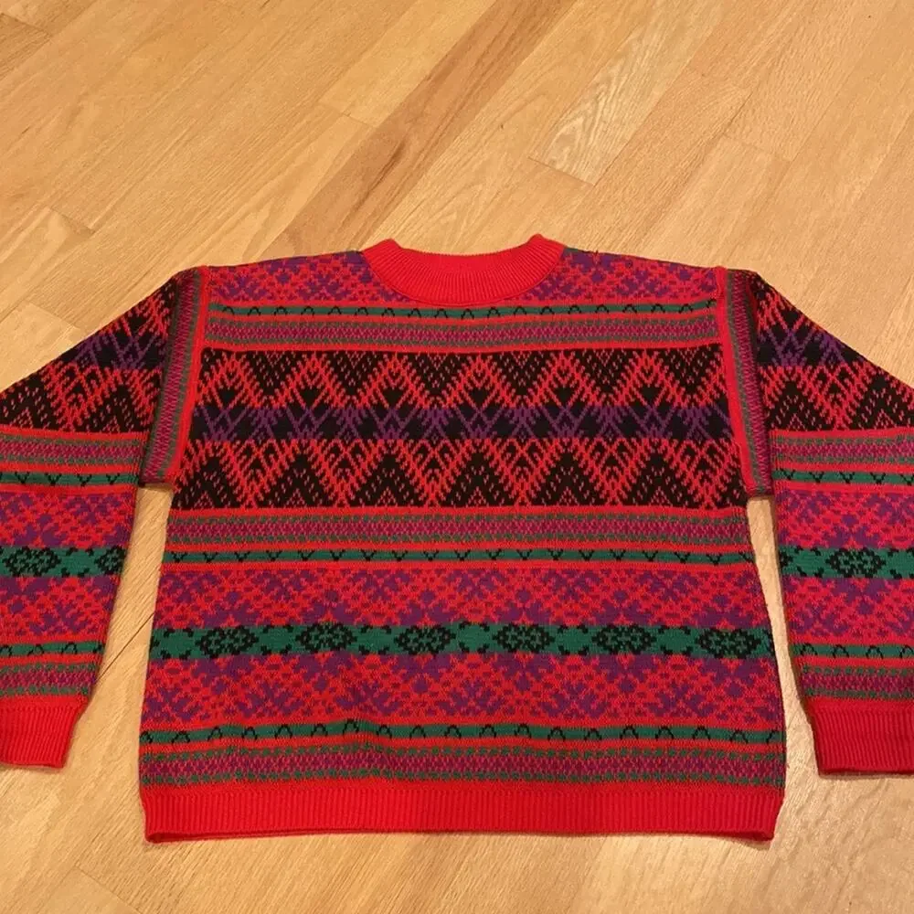 Lizwear Vintage 80s Cotton Crewneck Sweater Red striped small holiday ugly